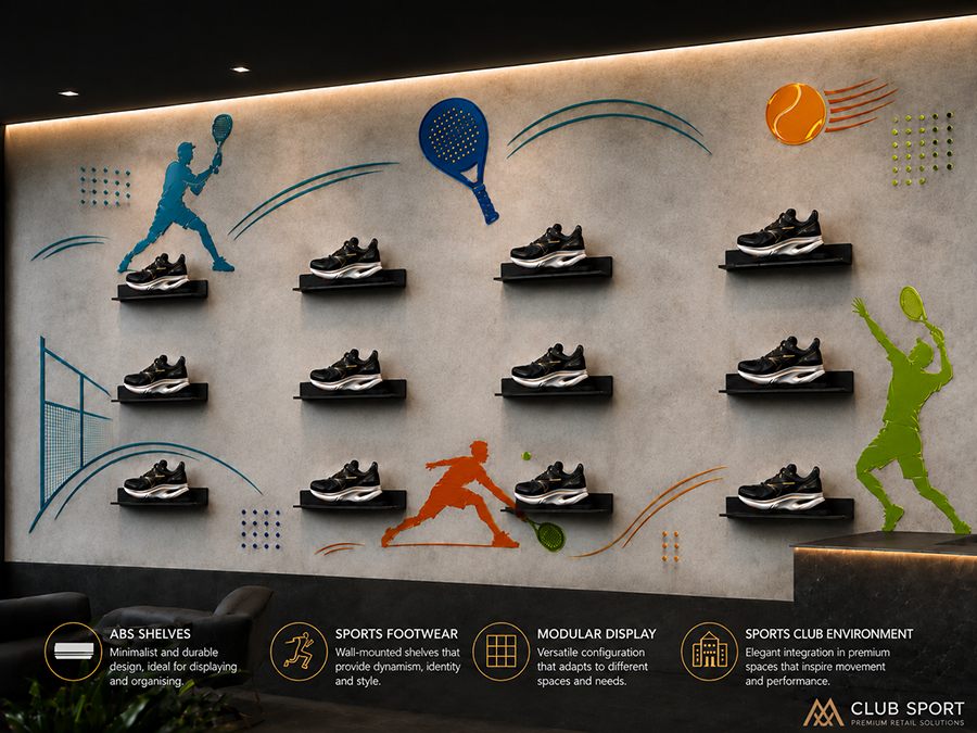 Sports retail wall with modular Shelf2000 shoe display shelves presenting athletic footwear in a professional showroom environment.
